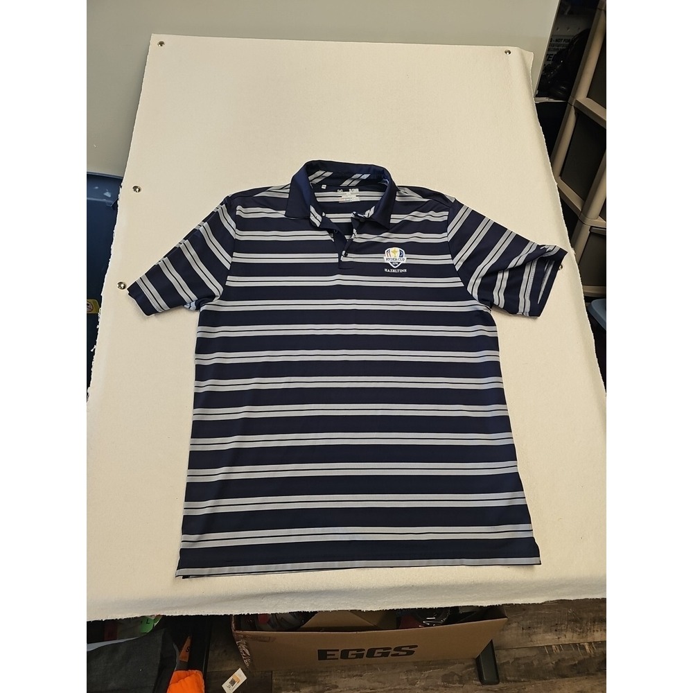 Under Armour Mens 2016 Ryder Cup Hazeltine Polo Shirt XL Navy Blue Grey Striped